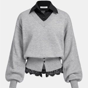 Commense constrast collar lace hem sweater